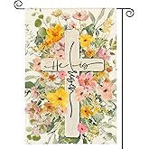 AVOIN colorlife Floral Easter Garden Flag 12x18 Inch Double Sided Outside, He Is Risen Cross Flowers Yard Outdoor Flag