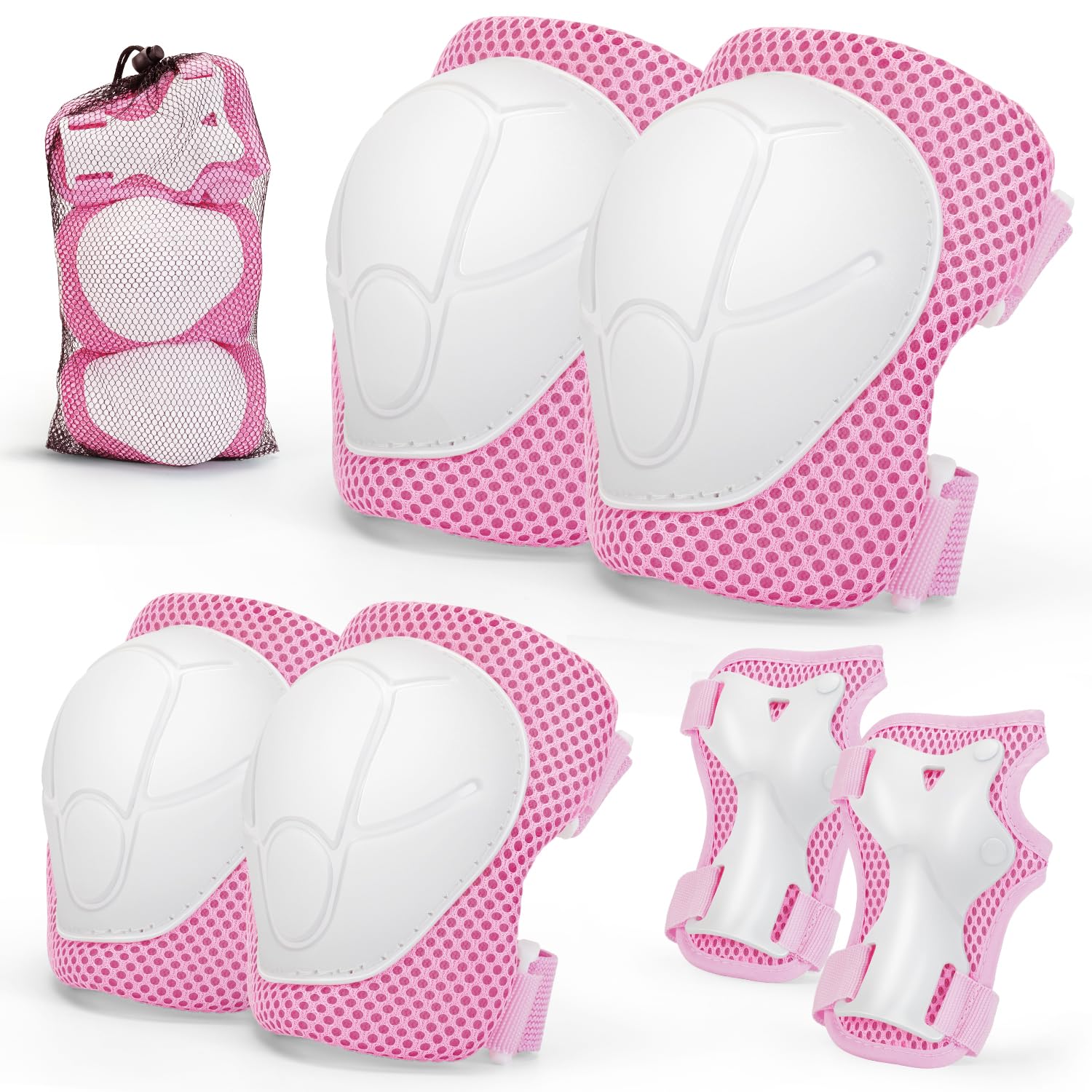 Kids Knee And Elbow Pads ,6pcs Wrist Guard Knee And Elbow Pads for Children, Kids Sports Protective Gear Set With Mesh Bag for Skateboard, Roller Skating, Biking, And Outdoor Multi-Sports (Pink)