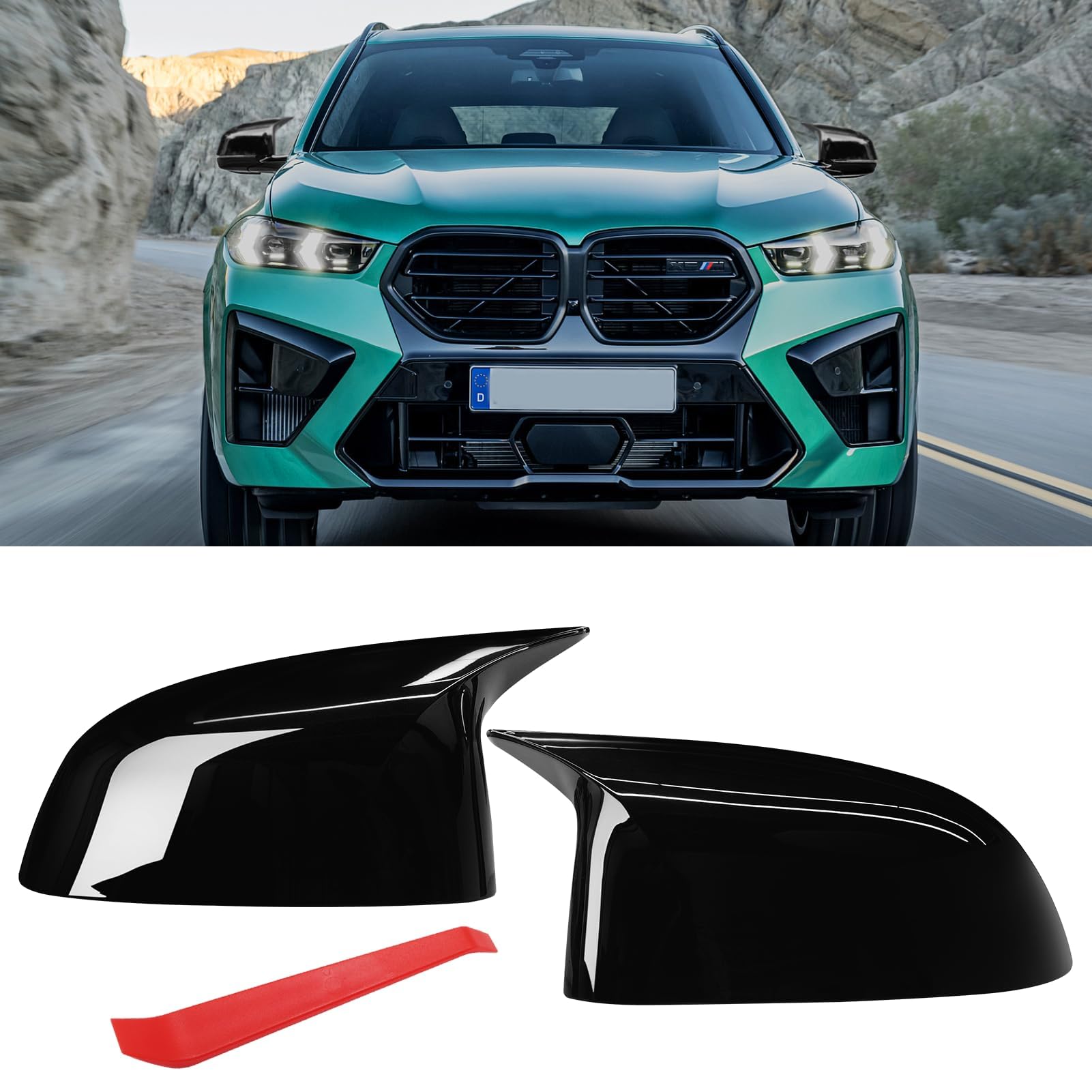 Photo 1 of Jaronx Compatible with BMW Mirror Cover X3 G01/X4 G02/X5 G05/X7 G07 2019-2024,X6 G06 2020-2024,M Style Glossy Black Rearview Mirror Caps for BMW, Horn Clip-on Left Driver and Right Passenger