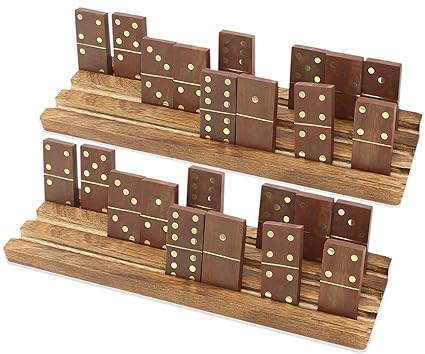 SKAVIJ Handmade Wooden Domino Tray Set Double 6 Tile Game (Pack of 2, Brown)