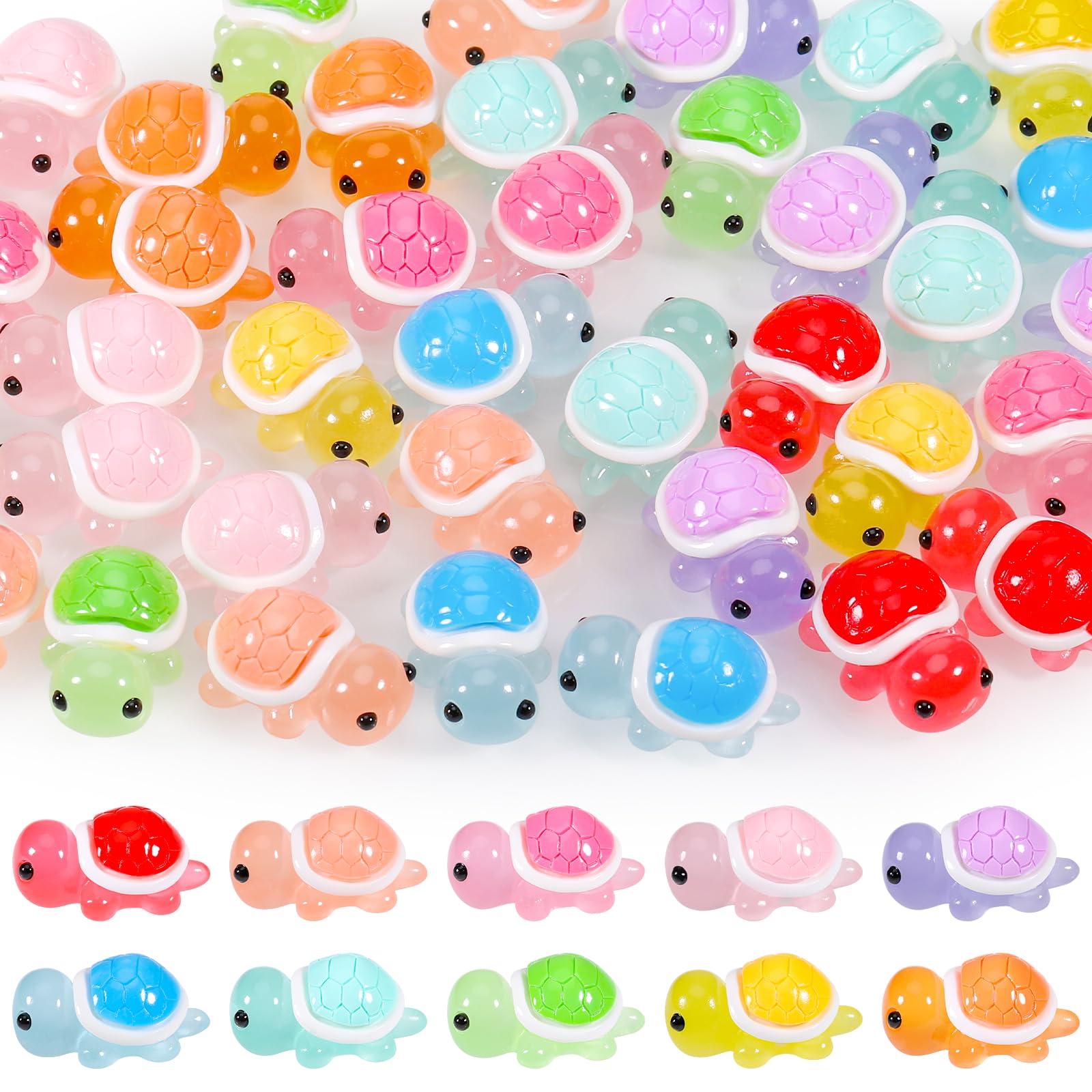 Hejo 50 Pcs Mini Turtles Figures, Luminous Miniature Tiny Turtle Resin Turtle Sea Turtles Figure, Desk Ornament, Multicolor Small Resin Animals Figures for Home Garden Party Decoration (10 Color)
