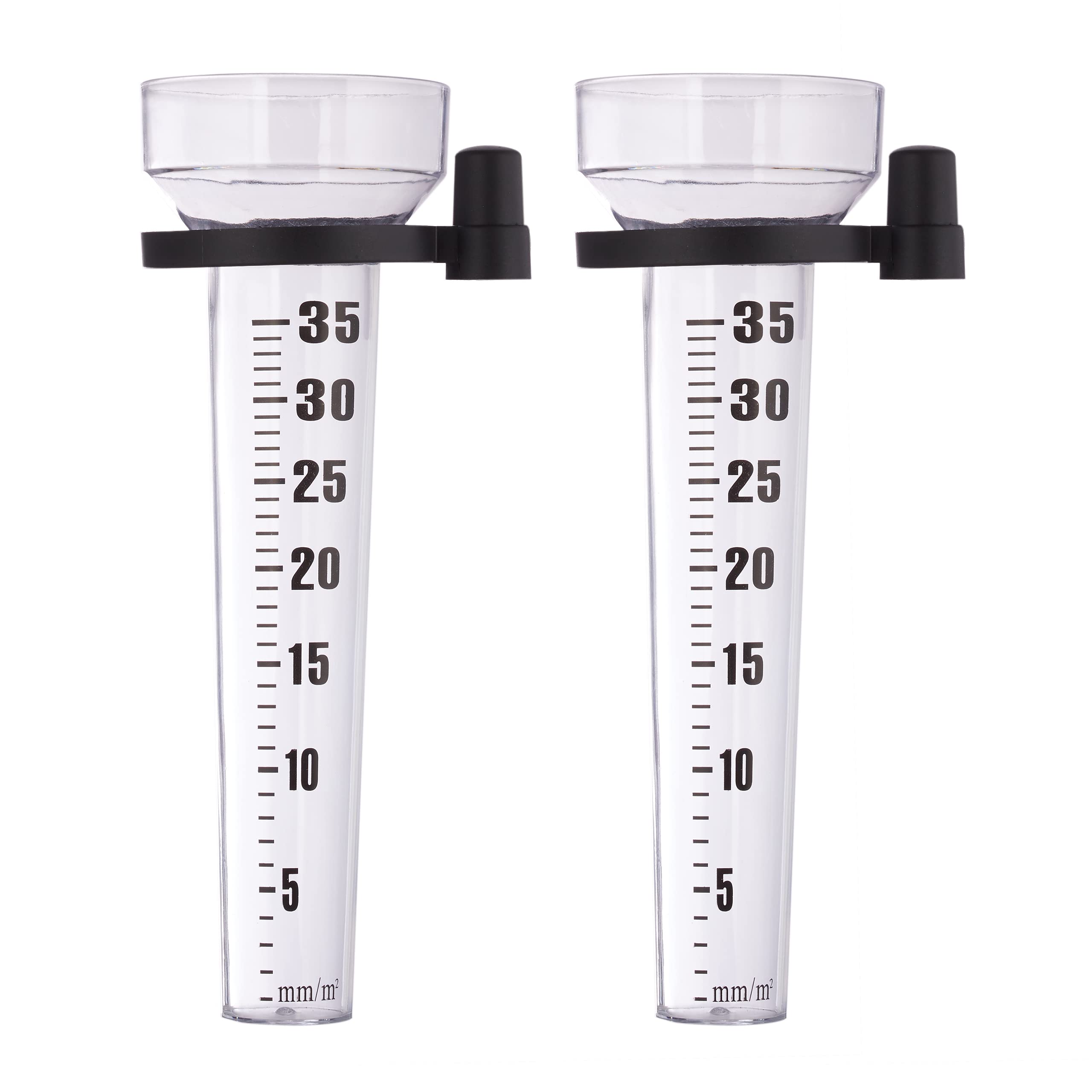 Relaxdays Rain Gauge Set of 2, With Holder, Garden Rainfall Measurer, Large Gage 35 mm/m², Plastic, Transparent