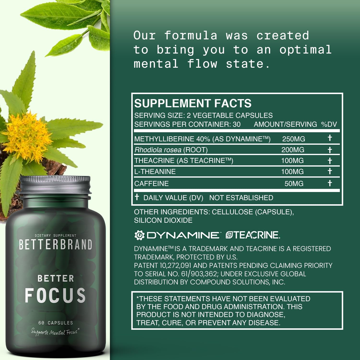 Betterbrand BetterFocus Brain Booster Brain Supplements for Memory and Focus for Mental Clarity. Caffeine, Dynamine, L-Theanine, Rhodiola & TeaCrine (30 Servings)