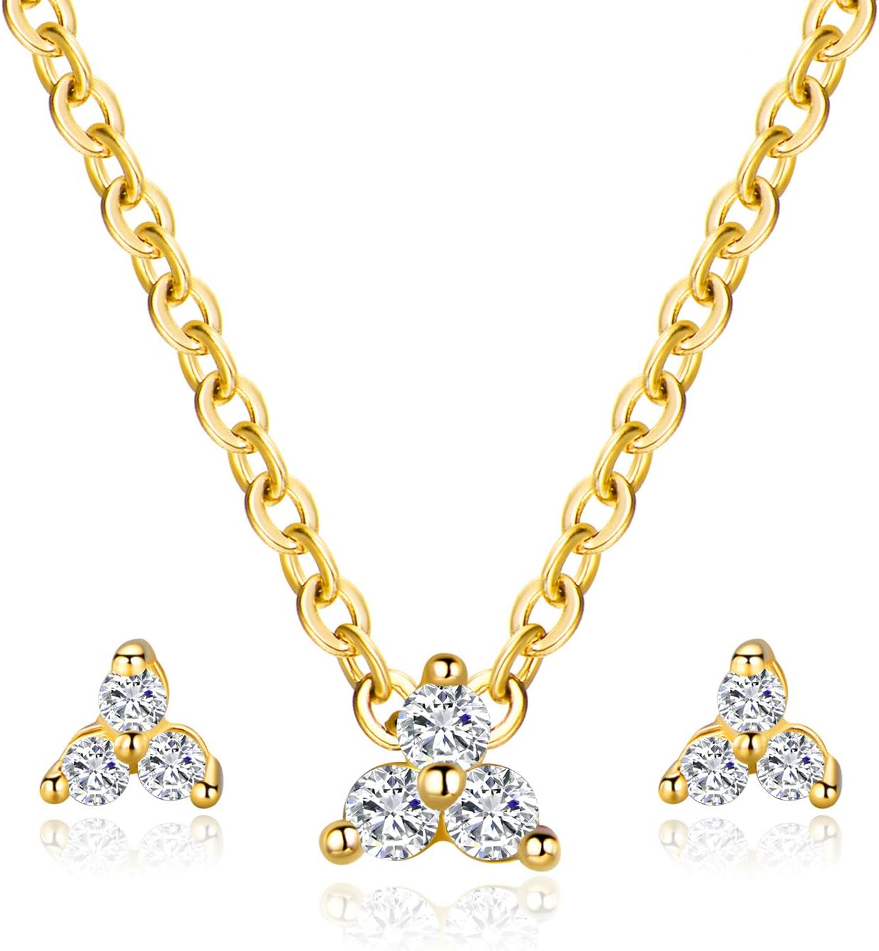 Classic Halo Necklace and Stud Earring for Women and Girls, 18K Gold Plated Sparkle Cubic Zirconia Round Cut Clover Earring & Pendant Jewelry Set