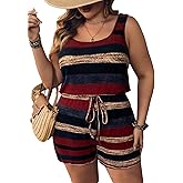 SOLY HUX Women's Plus Size Striped Rompers Color Block Scoop Neck Sleeveless Tie Front Summer Short Jumpsuit