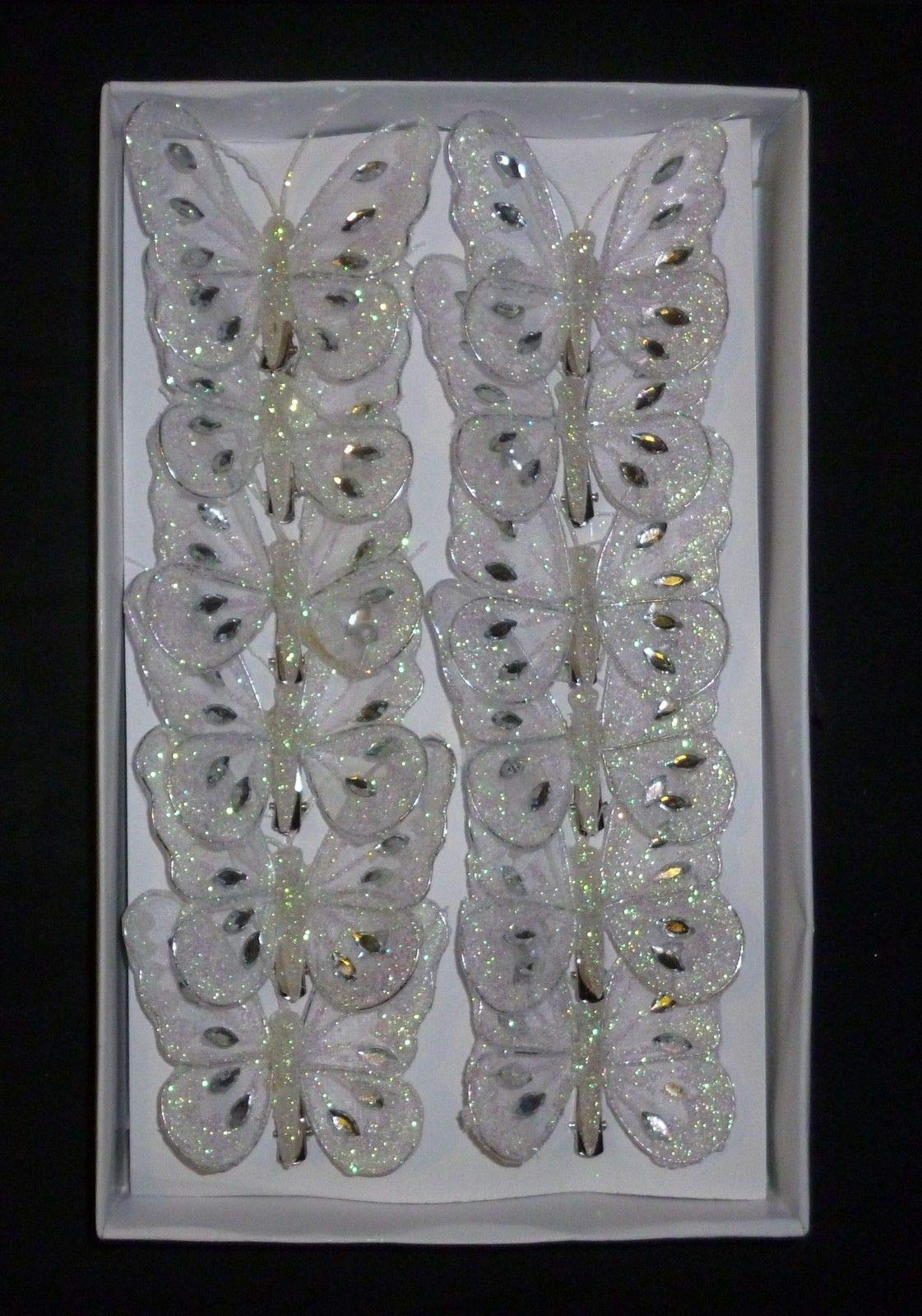 SET OF 12 Clip On Jewelled Glitter Mesh Decorative Butterflies 8cm (White)