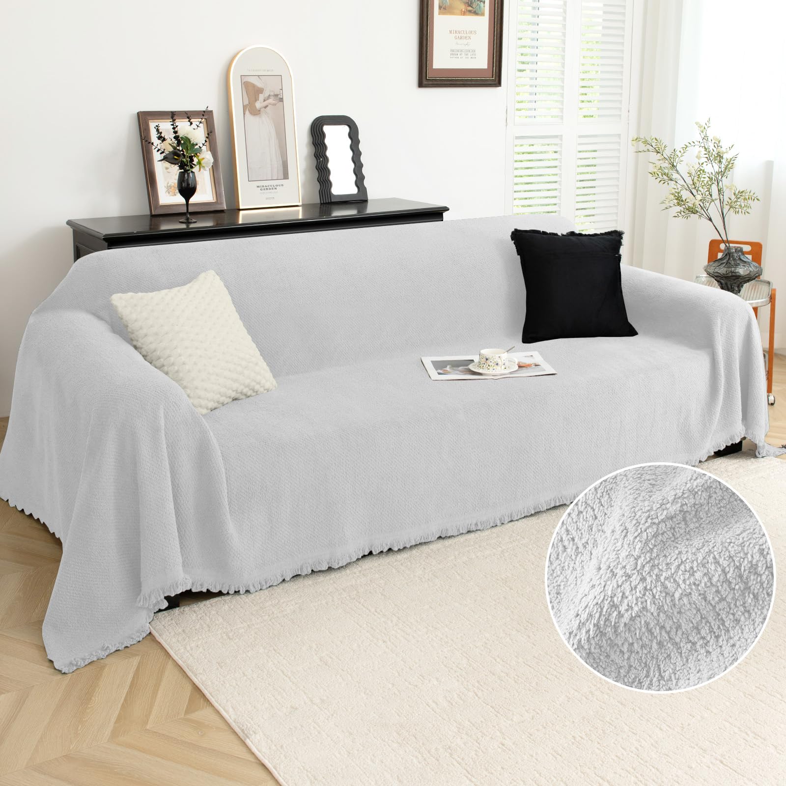 Photo 1 of Arfntevss Couch Covers Fleece Universal Couch Covers with Tassel Soft Sofa Chair Covers Plush Sofa Throw Dogs Cats Pets Slipcovers Fuzzy Single Furniture Protector (91" x 94", Ash Gray)