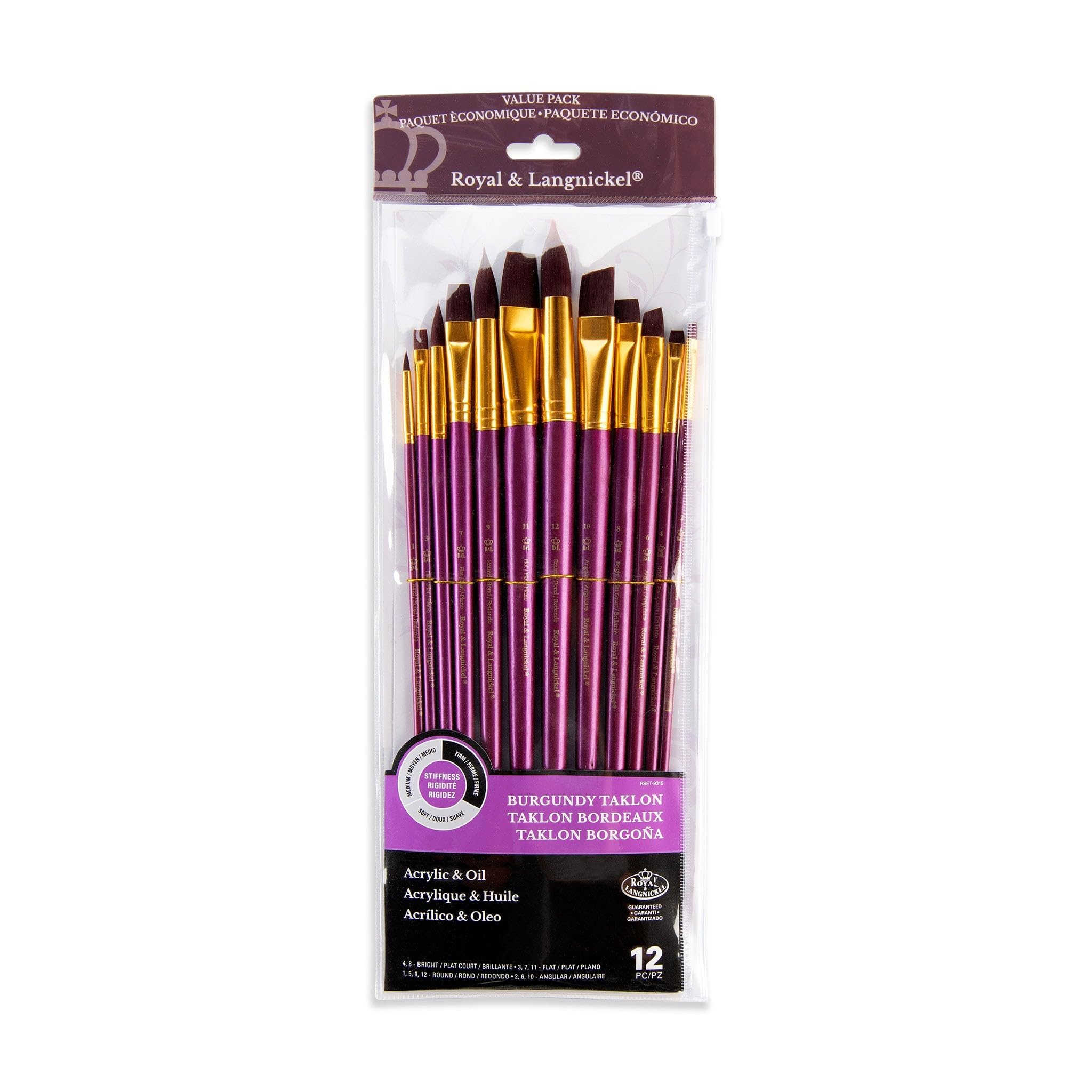 Royal and Langnickel RSET-9315 Long Handle Taklon Variety Brush Set - Firm Burgundy (Pack of 12)