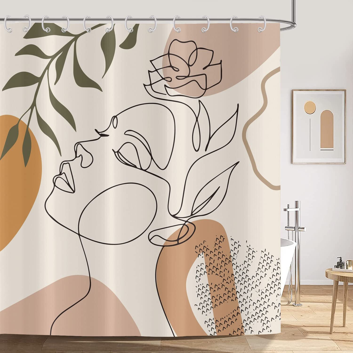 ASDCXZ Boho Shower Curtain 180x200 cm, Waterproof Fabric Shower Curtains, Modern Abstract Art Boho Style Girl's Face Leaves Beige Outdoor Washable Polyester Bathroom Curtain with 12 Hooks