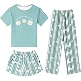 Arshiner Girls Pajama Set 3 Piece Short Sleeve Sleepwear Summer Soft Cute Pjs Outfits