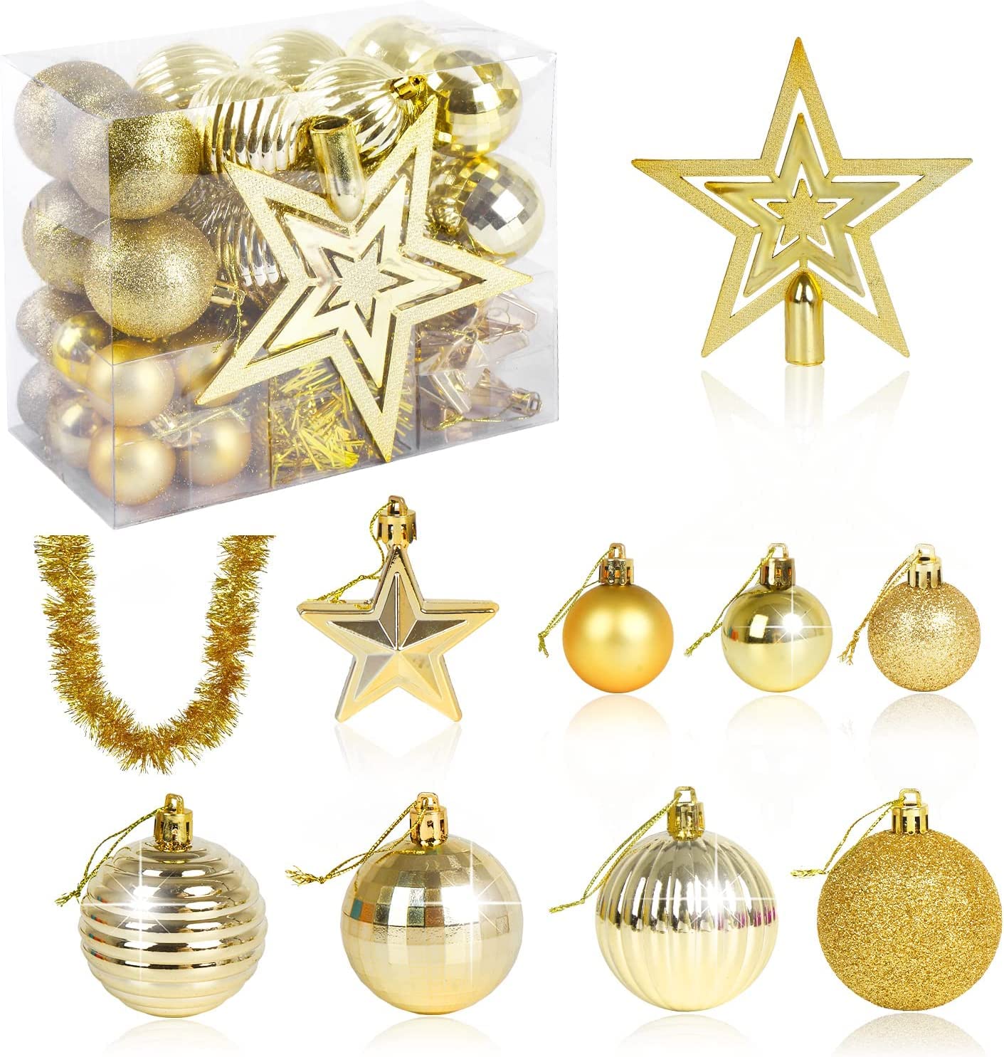 VEYLIN Christmas Tree Decorations Set of 40 Gold Christmas Baubles Hanging Ball Tinsel Garland Star Tree Topper Ornaments