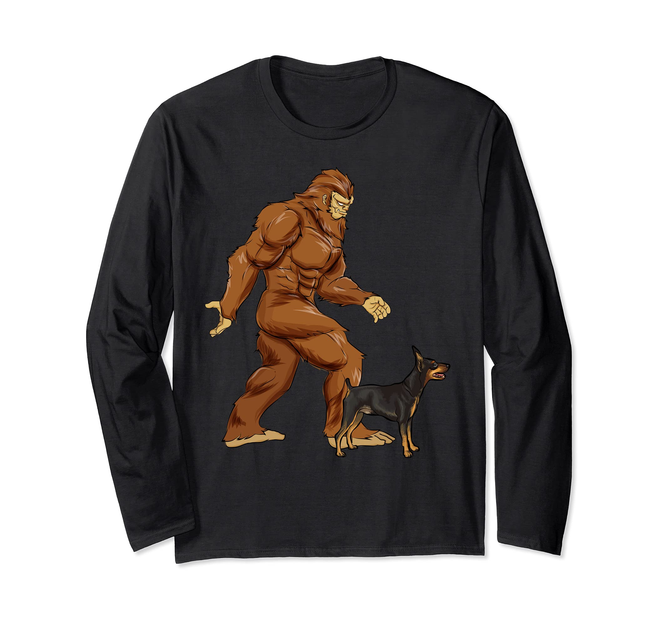 Funny Bigfoot Walking Miniature Pinscher Sasquatch Dog Long Sleeve T-Shirt