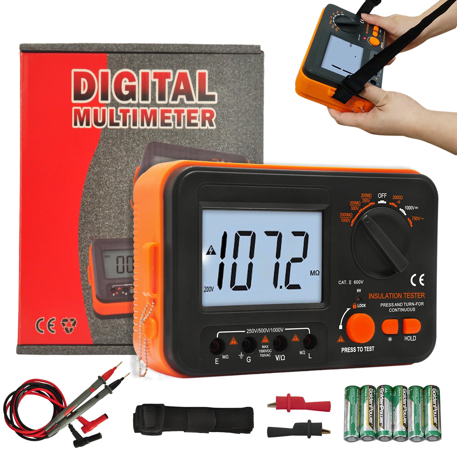 Megohmmeter WapoRich Digital Insulation Resistance Tester 2000MΩ Megohm Meter with DC 250V/50V/1000V AC750V Testing Voltage