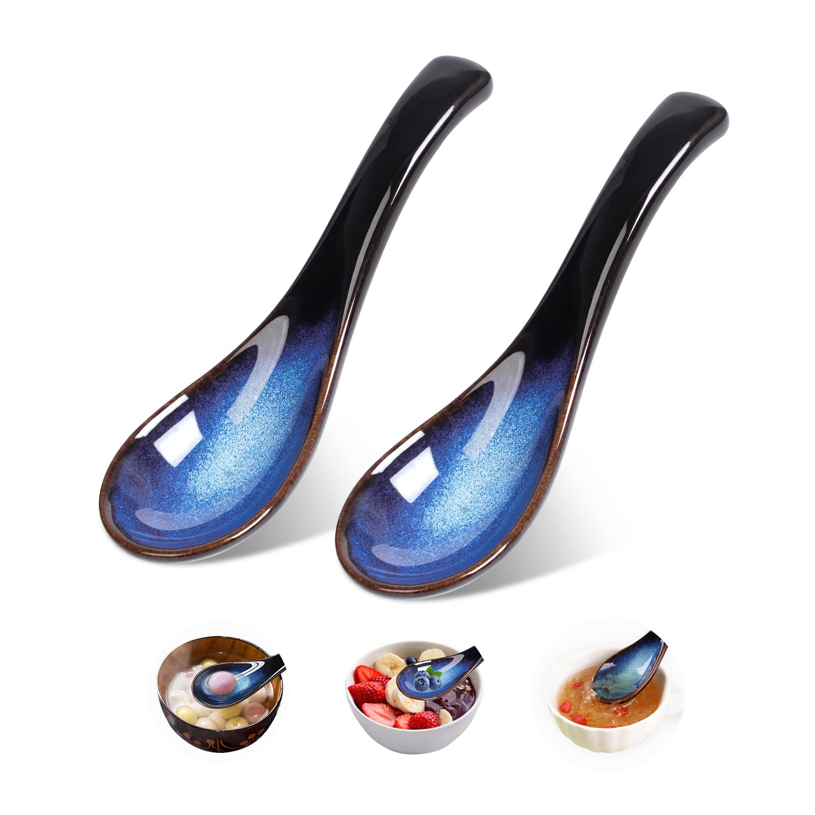 Japanese Style Soup Spoon Set of 2, Ceramic Ramen Spoons Chinese Spoons Blue Asian Soup Spoon Retro Porcelain Spoon Rice Spoons for Oatmeal Stews Udon Pho Wonton Dumpling Miso, Dishwasher Safe