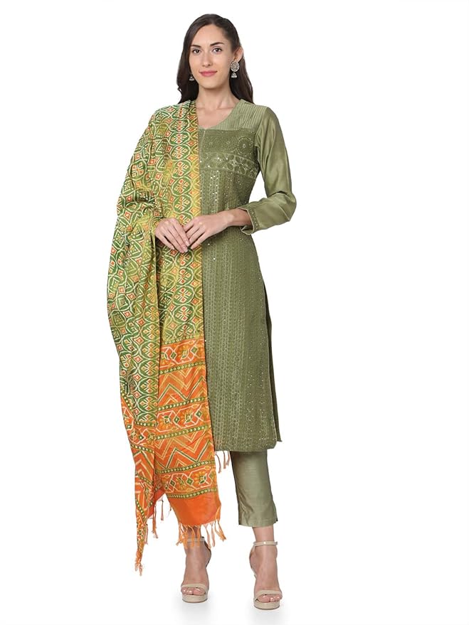 Buy KHUSHI Women's Embroidery Mehndi Green x Orange Kurta Plazo Dupatta Set at Amazon.in