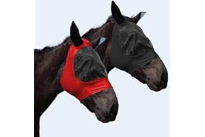 HUAME 2 Piece Horse Fly Mask with Ears, Comfortable Fit Stretch Fabric Big Eye Space Soft Breathable with UV Protection for Full Horses (Red-Black)