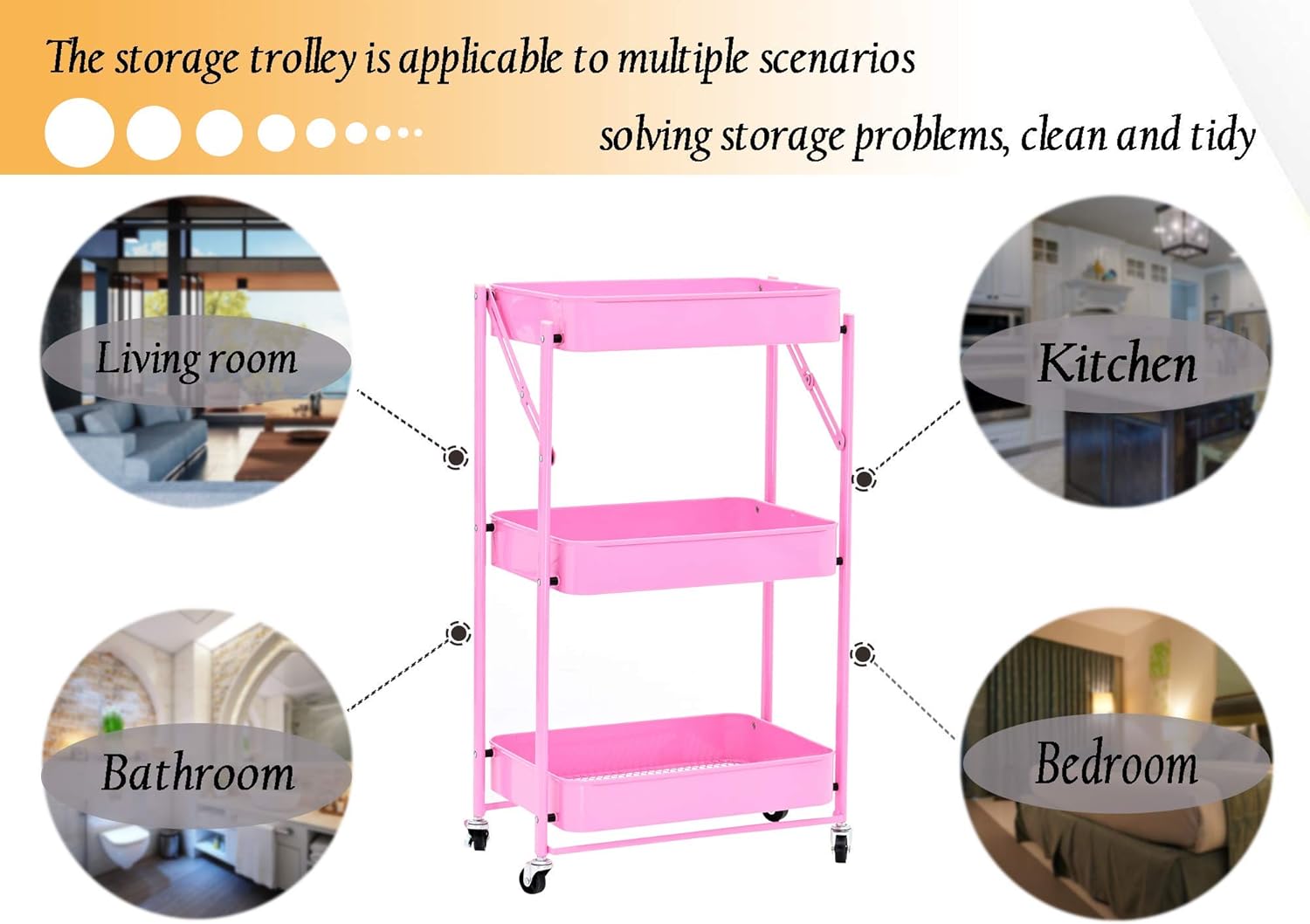 3-Layer Movable and Foldable Metal Storage Cart with Wheels Without Installation, Pink(17.71Lx11.61Wx28.34H) : Office Products
