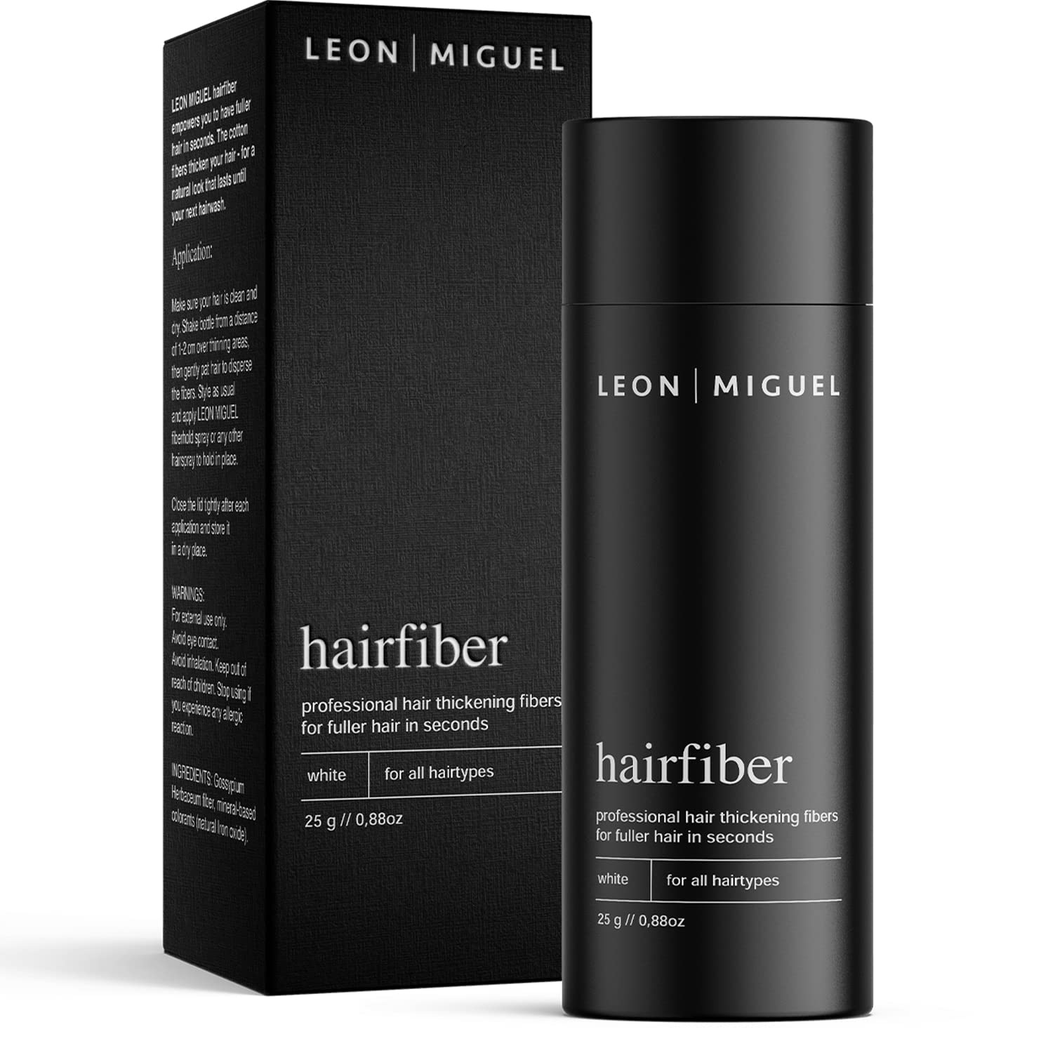 LEON MIGUEL Hair Fiber - Premium Hair Thickener – Immediately Conceals Receding Hairlines, Hair Loss, Balding Areas and Thinning Hair – Hair Powder | 25g (WHITE)