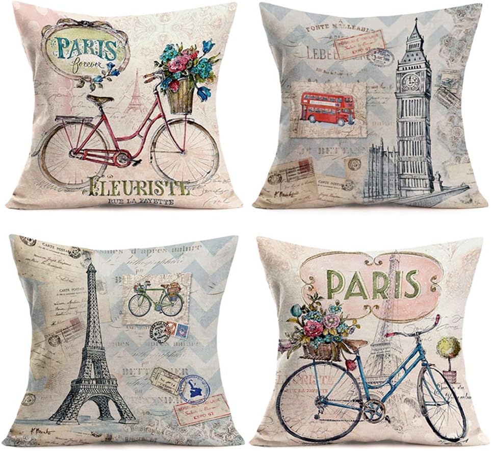 Smilyard Paris Eiffel Pillows Decorative Pillow Covers Vintage Bicycle with Color Flower Throw Pillow Case Cotton Linen French Decor Rustic Cushion Cover for Sofa Couch 18x18 Inch 4Pack(France Set)