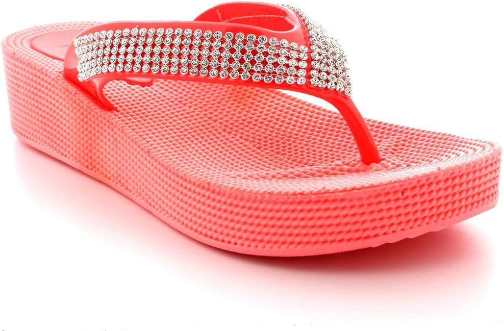 Amazon.com | Womens Diamante Holiday Sandals Thong Jelly Beach Wedge Heel Flip Flops - Red 