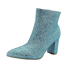 Women Rhinestone Block Chunky Heel Ankle Bootie