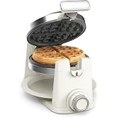 Martha Stewart Rotating Waffle Maker, Ceramic Nonstick Plates, Linen Cream | PFAS-Free Ceramic Nonstick 1" Deep Plates, 180&deg; Flip for Even Browning, Classic Round Waffles, Crisp Level Timer, Drip Tray