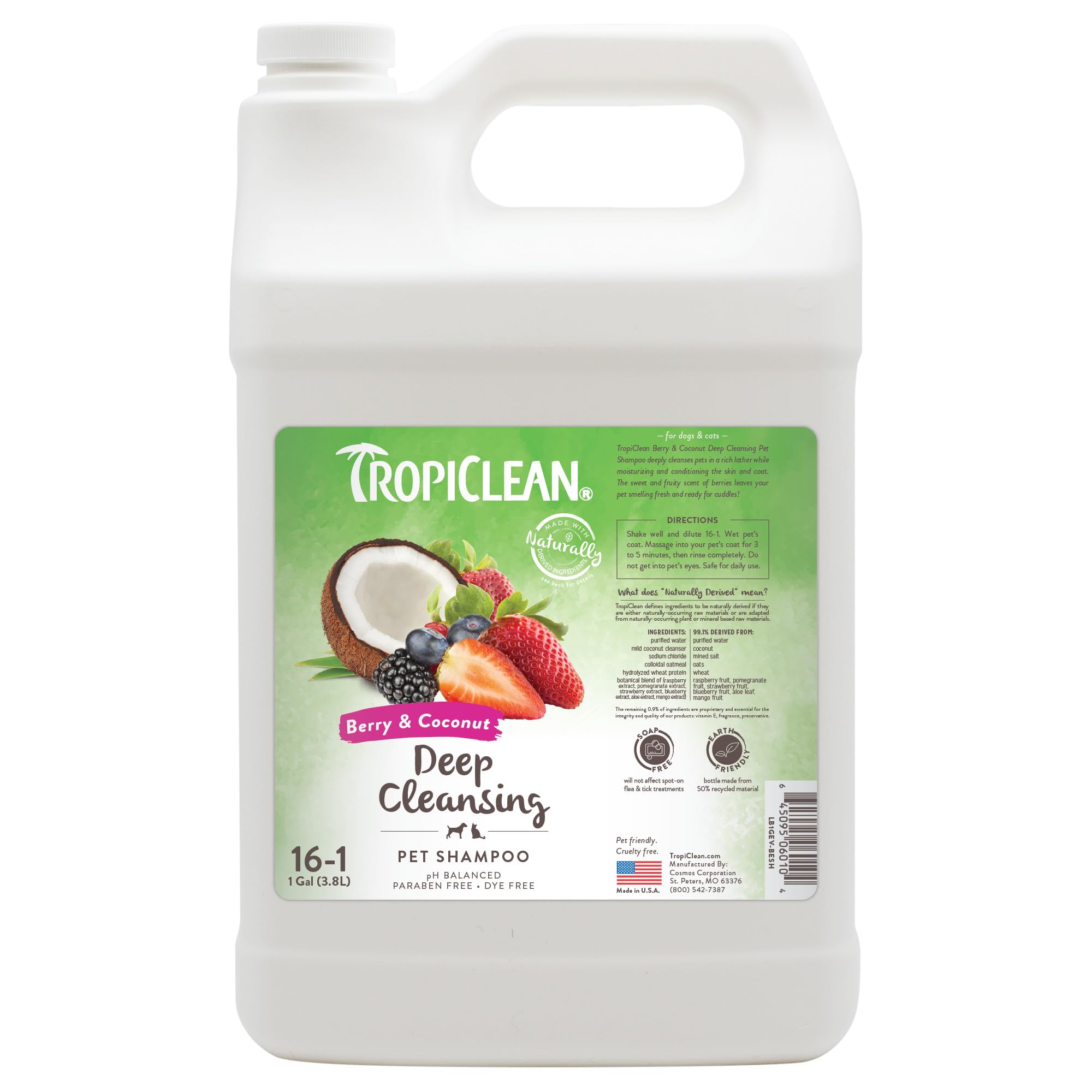 TropiClean Dog Shampoo Grooming Supplies - Deep Cleansing & Moisturising Dog and Cat Shampoo - Soap and Paraben Free -Derived from Natural Ingredients - Used by Groomers - Berry & Coconut, 3.8L