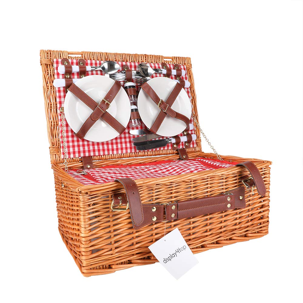 display4top Deluxe 4 Person Traditional Wicker picnic basket Wicker Hamper - Premium Set with Plates, Wine Glasses, Flatware and Napkins (pink)