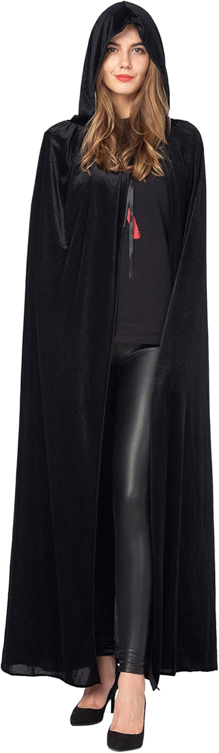Spooktacular Creations Long Hooded Cloak Velvet Cloak Halloween Women Witch Cape Costume Accessory Black: Clothing