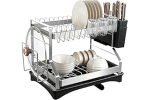 OMISTAR 2 Tier Dish Drying Rack, Large Dish Rack for Kitchen Counter, Stainless Steel Dish Rack with Drainboard and Utensil Holder, Cup Holder, Cutting Board Holder