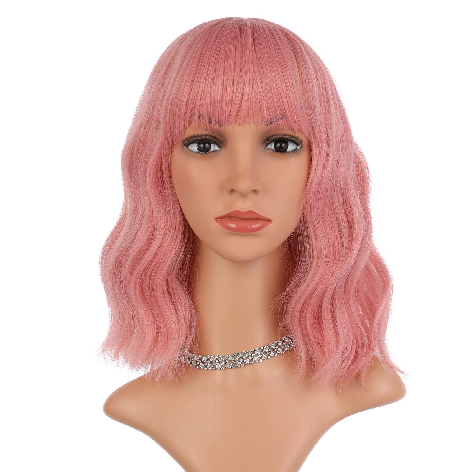 Photo 1 of eNilecor Pink Wig, Short Colorful Synthetic Curly Pastel Wigs with Air Bangs for Women(14" Pink)