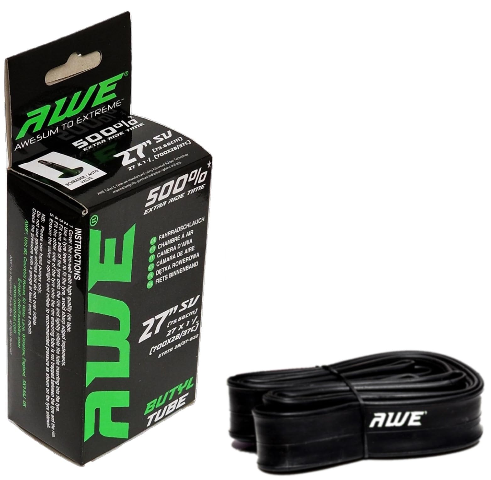 AWE Butyl Rubber 27 Inch Inner Tube 500%* Extra Ride Time 27"x 1 1/4 (700x28/37C) Schrader Valve