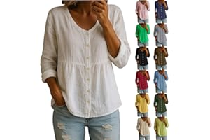 Women's Cotton Linen Tops Long Sleeve Button Down Shirts V Neck Comfy Casual Blouses for Travel Vacation Resort Wear