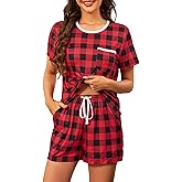 ESKTJH Pajama for Women 2 Piece Short Sleeve Sleepwear Tops and Shorts Pj Lounge Set with Pockets