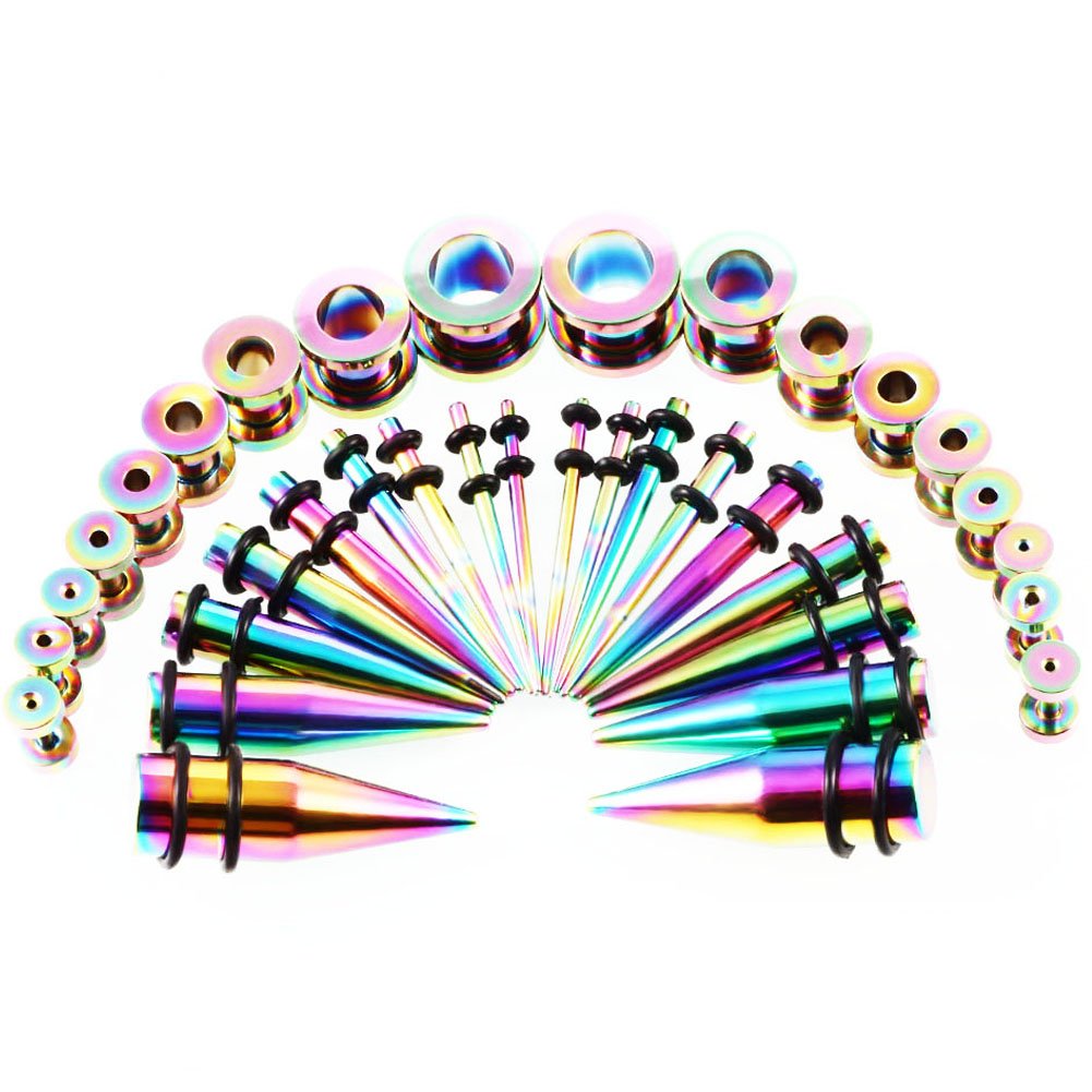 Huacan Ear Stretching Kit Tunnels 14ga-00ga Stretchers Plug Stainless Steel Flesh Tunnel With Single Double Flared Plugs Gauges 36Pcs Taper 1.6mm-10mm Screwd Unscrewd Expander for Men Women