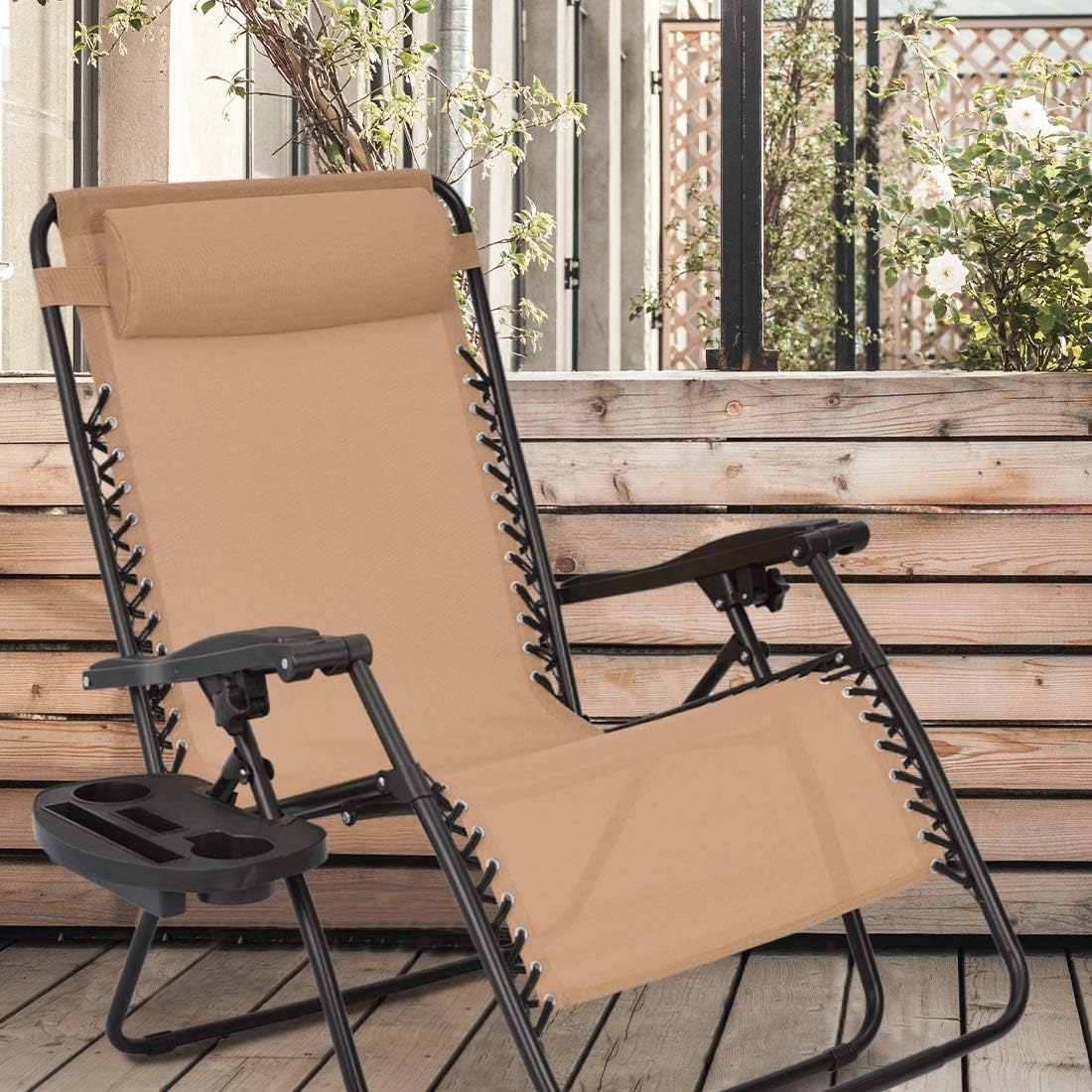 Patio Watcher Oversized Zero Gravity Chair Folding Recliner Chair with Cup Holder Accessory Tray and Removable Pillow for Outdoor Yard Porch Beige 1 Chair : Garden & Outdoor