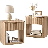 Fluted Nightstand Set of 2, Bedside Table with Faux Marble-Top, Engineered Wood Side Table with Drawer Open Shelf, Curved Corners, Modern Night Stand for Bedroom, Small Spaces, Natural Oak