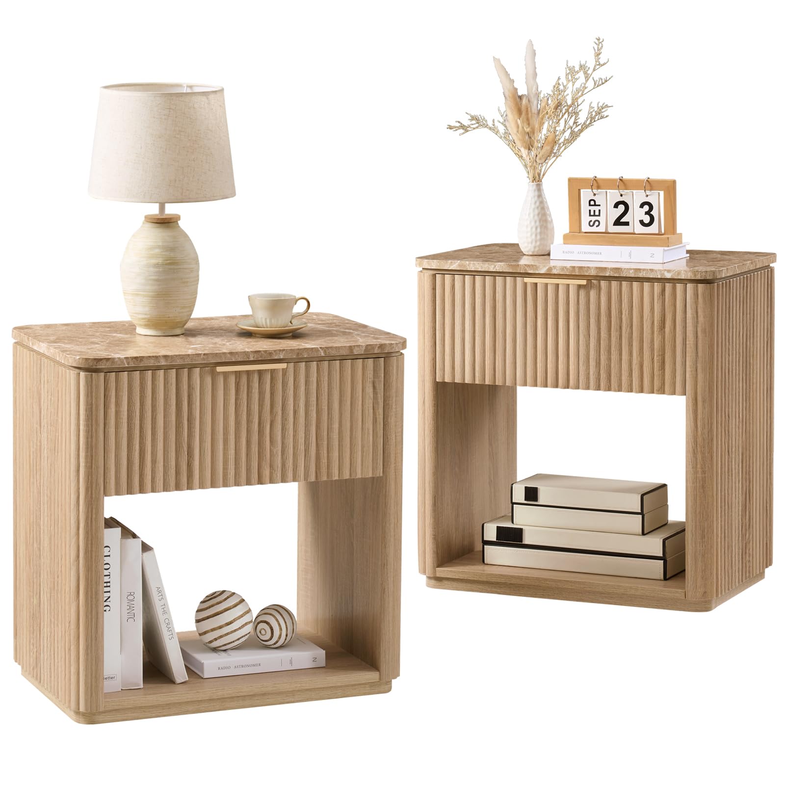 Photo 1 of Fluted Nightstand Set of 2, Bedside Table with Faux Marble-Top, Engineered Wood Side Table with Drawer Open Shelf, Curved Corners, Modern Night Stand for Bedroom, Small Spaces, Natural Oak