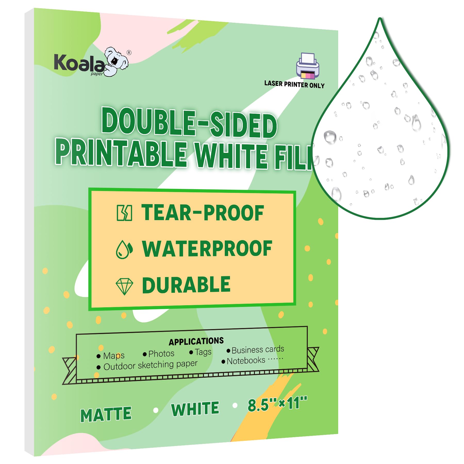 Photo 1 of Koala Waterproof Paper for Laser Printer, Tearproof Printer Paper, Matte Double Sided Printable White Film 8.5x11 In 60 Sheets For Printing Backpacking Maps