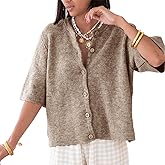 Women Short Sleeve Cropped Cardigan Crew Neck Button Down Ribbed Knitted Pullover Sweaters Y2K Going Out Sweater
