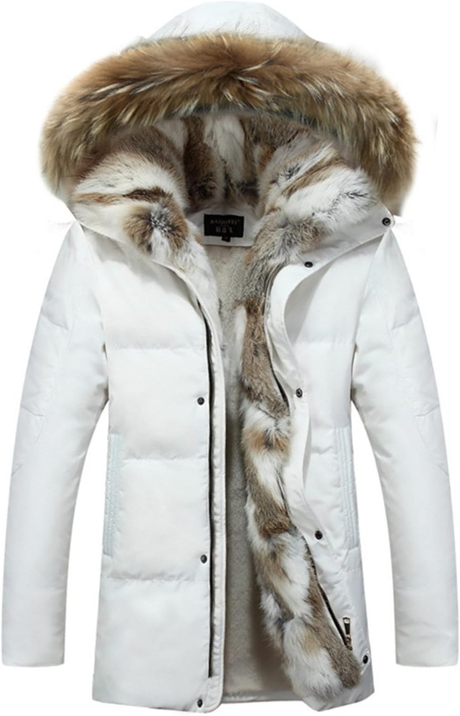 CYVVV Mens 90% Duck Down Hooded Luxurious Down Fur Coat Jacket Rex Fur Collar