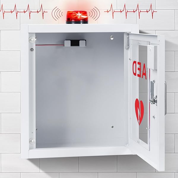 LIKOM AED CABINET, FIRST AID DEFIBRILLATOR WALL MOUNTED STORAGE CABINET STAINLESS STEEL SNAP LOCK FITS ALL BRANDS CARDIAC SCIENCE W/ALARM AND LIGHT 14 X 7.9 X 15.8 INCH