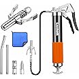 Lnchett Grease Gun with Quick Release Coupler and Towel, 9000 PSI Professional Heavy Duty 14 oz Grease Gun with 18 Inch Spring Flex Hose, 1 Reinforced Coupler, 2 Extension Rigid Pipe and1 Sharp Nozzle