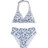 BEAUDRM Girl's 2 Piece Floral Print Swimsuits Halter Triangle Bikini Boho High Waisted Bathing Suit