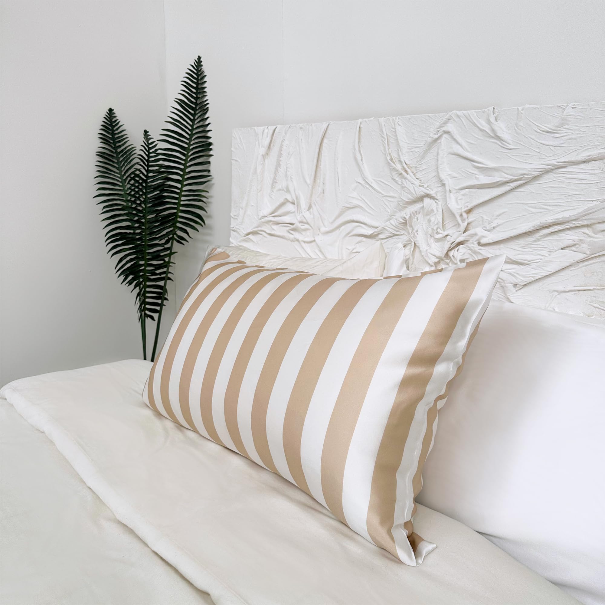 %100 Pure Mulberry Silk Satin Pillowcase, 22 mm Printed, Standard Size 75 x 50 cm. (Beige Stripe)