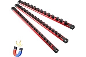Reniteco Magnetic Socket Organizer, 3-Piece Heavty Duty Aluminum Socket Holder, Socket Rail for Tool Box, Premium Quality 360° Swivel Socket Rack Kit with 40 Clips for 1/2, 3/8, 1/4-Inch(Red)