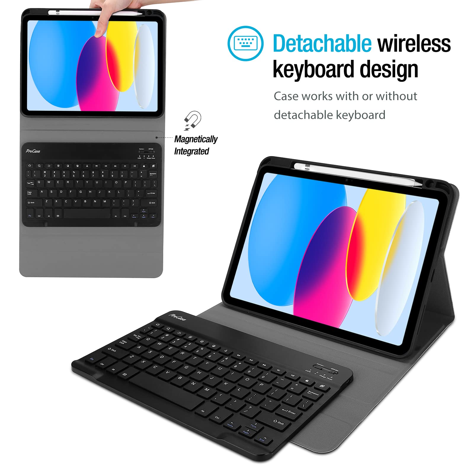 ProCase for iPad 11th (A16) 11-inch 2025 / 10th Generation Case with Keyboard 10.9 inch 2022, PU Leather Case with Magnetically Detachable Wireless Keyboard -Black