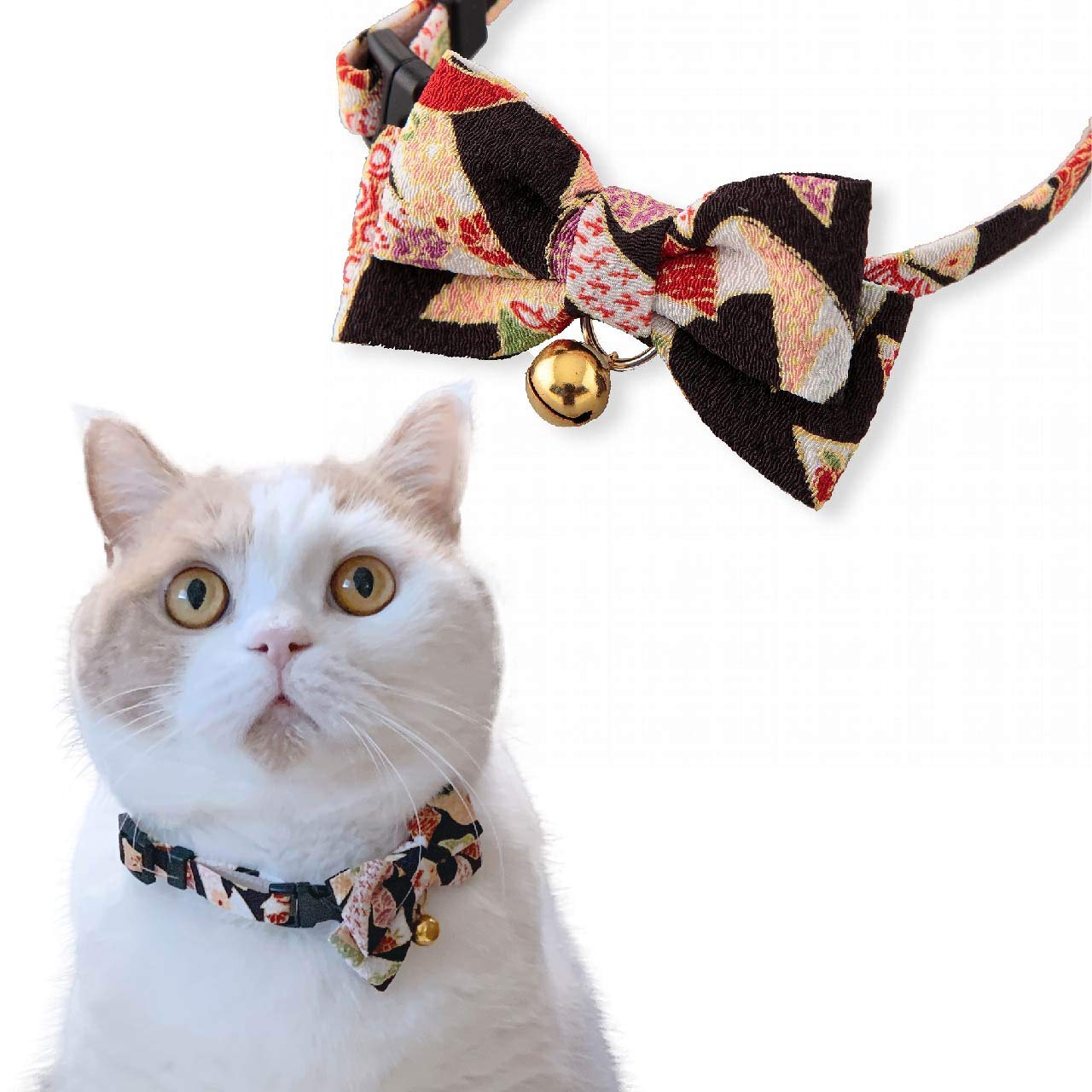 Necoichi Chirimen Kimono Bow Tie Cat Collar (Black) with Bell Safety Breakaway Soft Lightweight for Cats Kitty Kitten Japanese Stylish Pattern, No.1 Seller in Japan