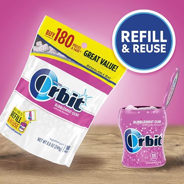 ORBIT BUBBLEMINT SUGAR-FREE CHEWING GUM BULK PACK, 2 BAGS – 180 PIECES & 2 BOTTLES – 55 PIECES BUBBLE GUM