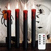 GenSwin Halloween Black Taper Flameless Candles Battery Operated with Remote Timer, 4 Pcs Drip Wax Flameless LED Candle Sticks with 3D Flickering Flame for Window Fireplace Decor (0.78 x 8.9 inches)